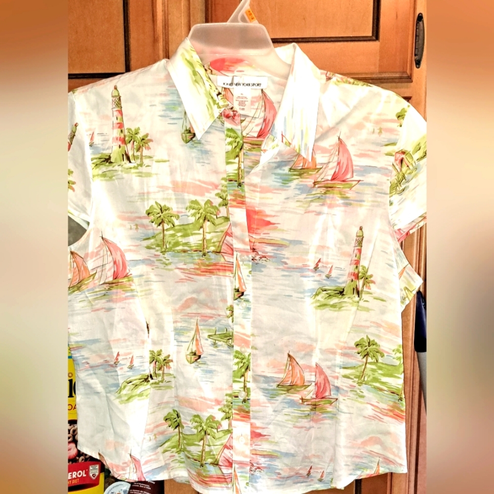 Ladies Jones New York Sport Novelty Print Sailing Lighthouse XL 100% Cttn Button